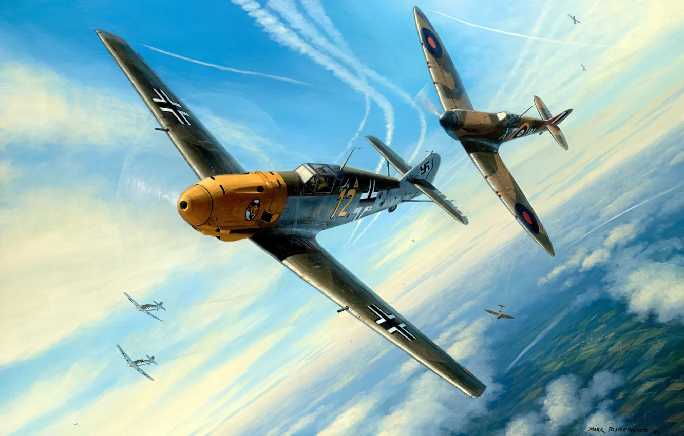 Photo wallpaper figure, Messerschmitt, Battle of Britain, RAF, Air force, The second World war, Supermarine, Dogfight