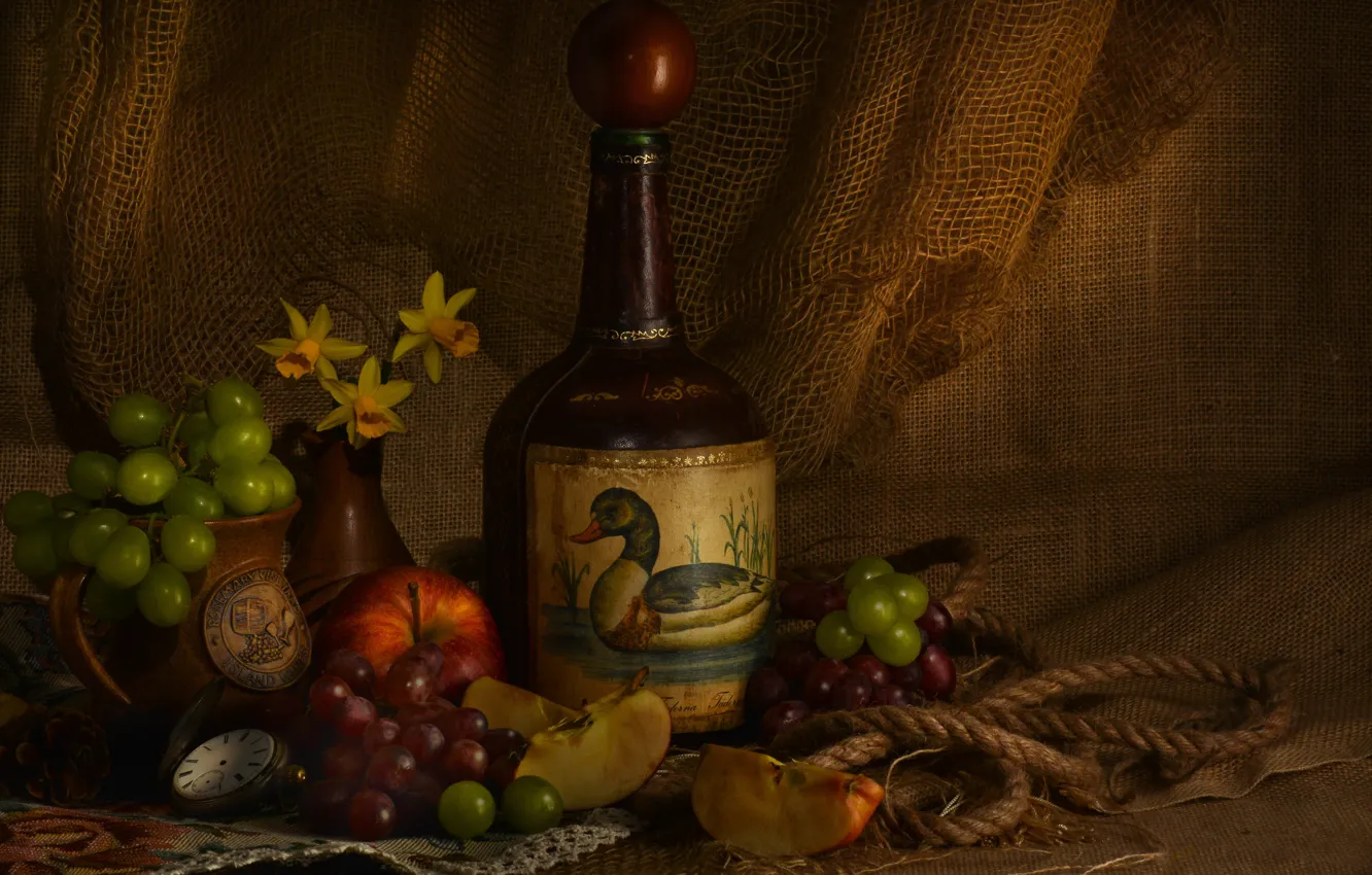 Photo wallpaper wine, network, apples, bottle, grapes, fruit, still life, burlap