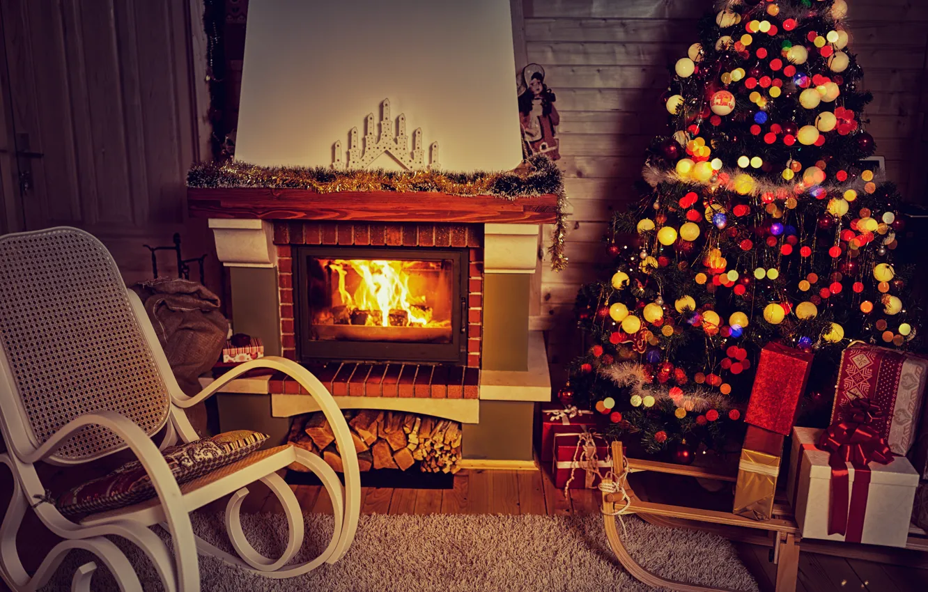 Photo wallpaper New Year, Christmas, fireplace, merry christmas, interior, decoration, christmas tree, holiday celebration