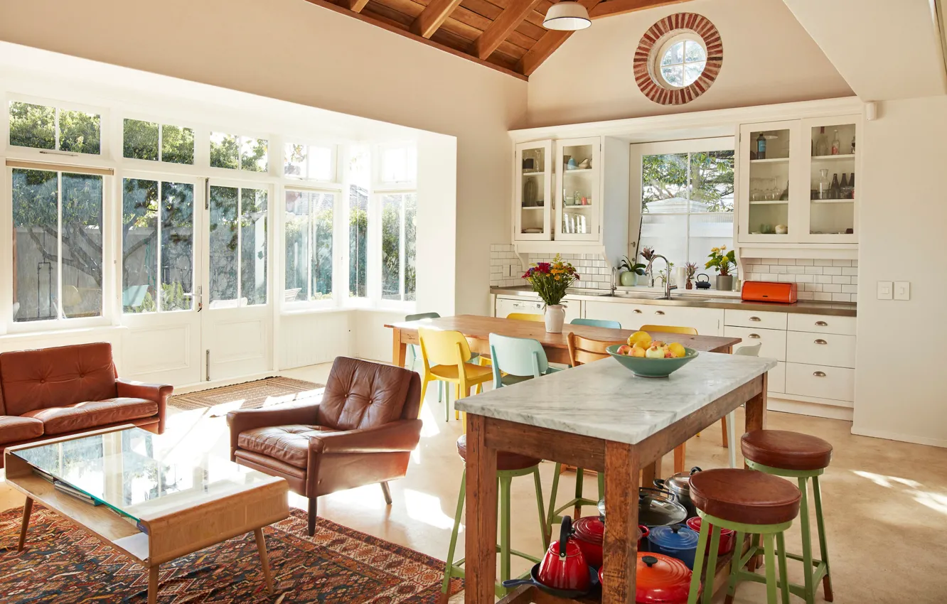 Photo wallpaper style, retro, interior, kitchen, living room, dining room, mid-century modern