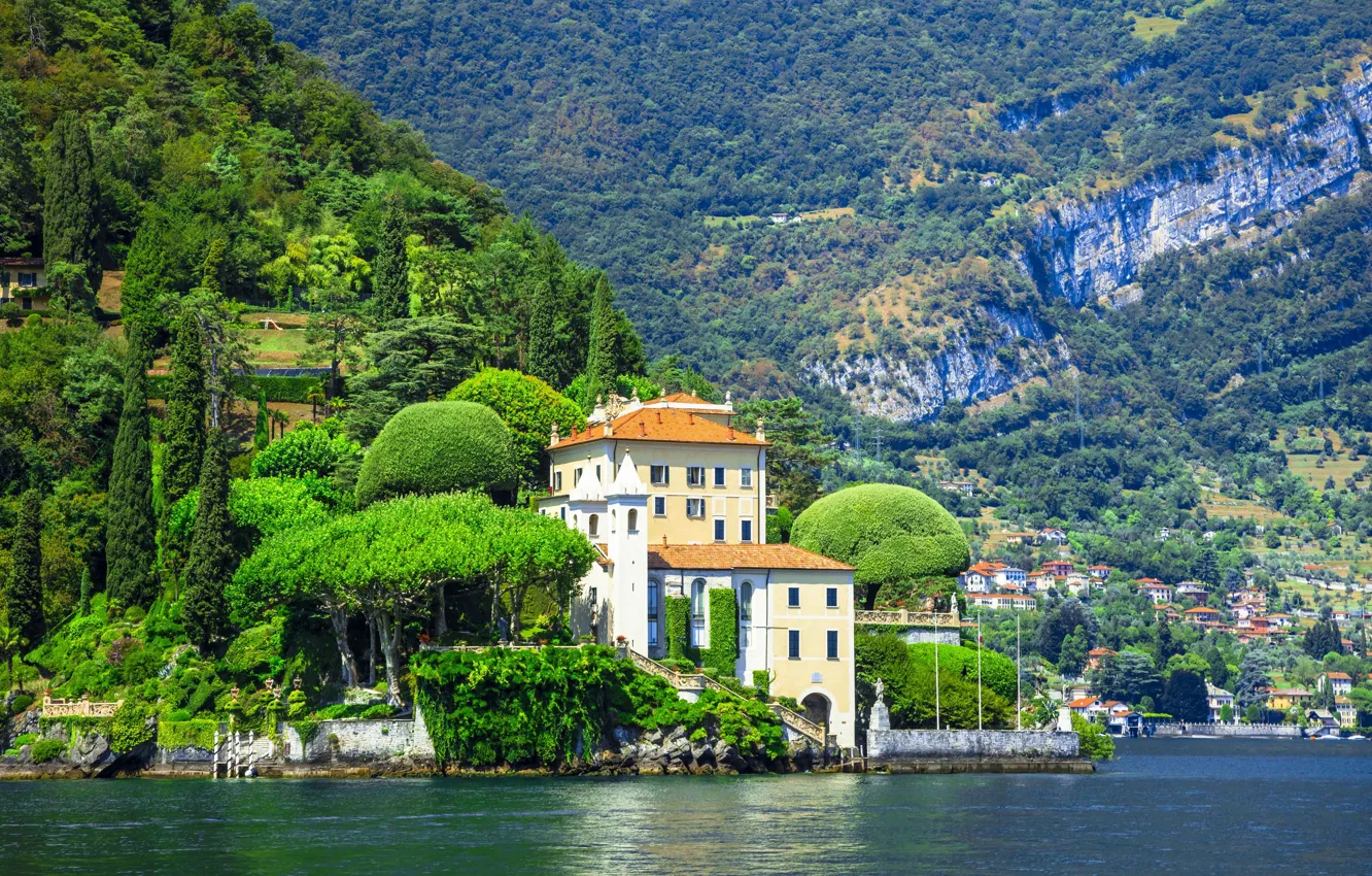 Photo wallpaper mountains, lake, Villa, Italy, Como, Lenno, Villa del Balbianello