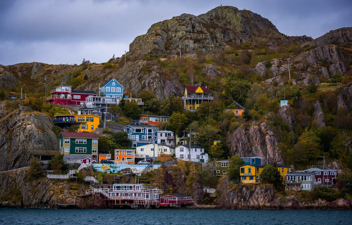 Photo wallpaper landscape, the city, the ocean, mountain, home, Canada, Saint John Harbour, The Battery