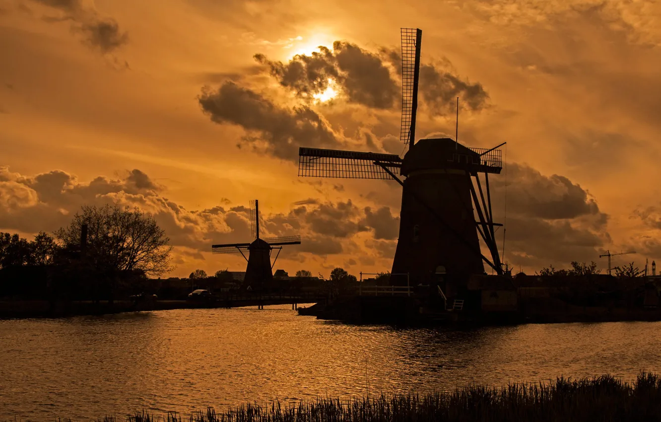 Photo wallpaper the evening, channel, Netherlands, windmill, Kinderdijk
