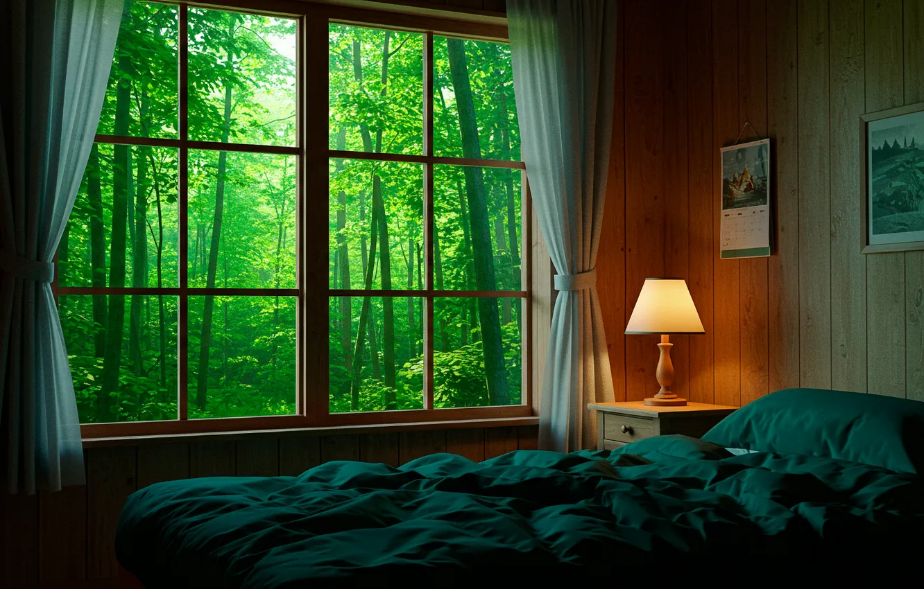 Photo wallpaper room, Wallpaper, view, lamp, bed, window, art, wallpaper