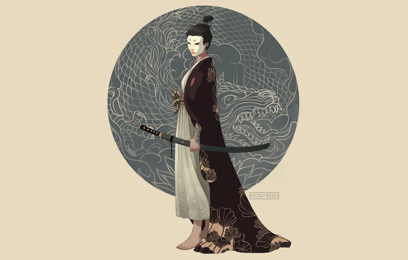 Photo wallpaper sword, fantasy, minimalism, weapon, katana, dragon, samurai, digital art