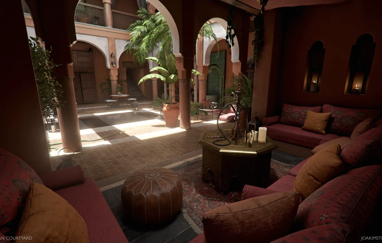 Photo wallpaper palm trees, hookah, furniture, the room, Moroccan Courtyard