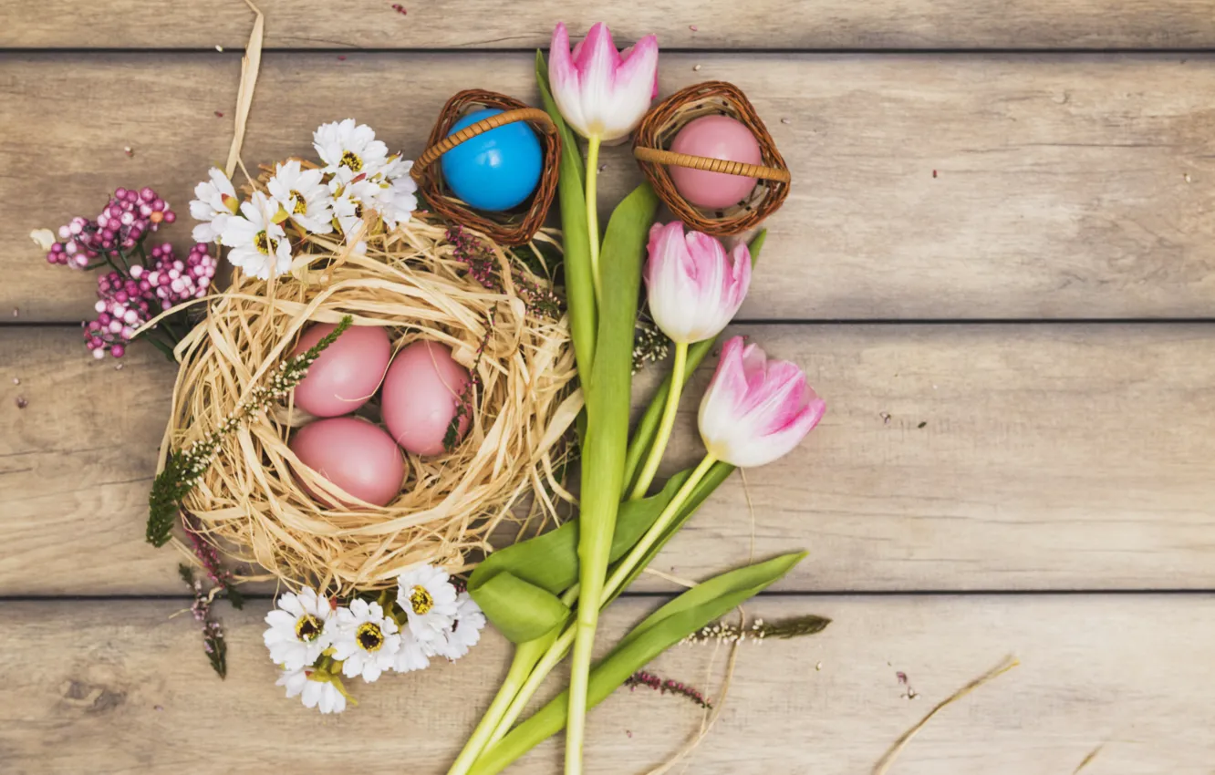 Photo wallpaper Spring, Tulips, Easter, Eggs, Holiday
