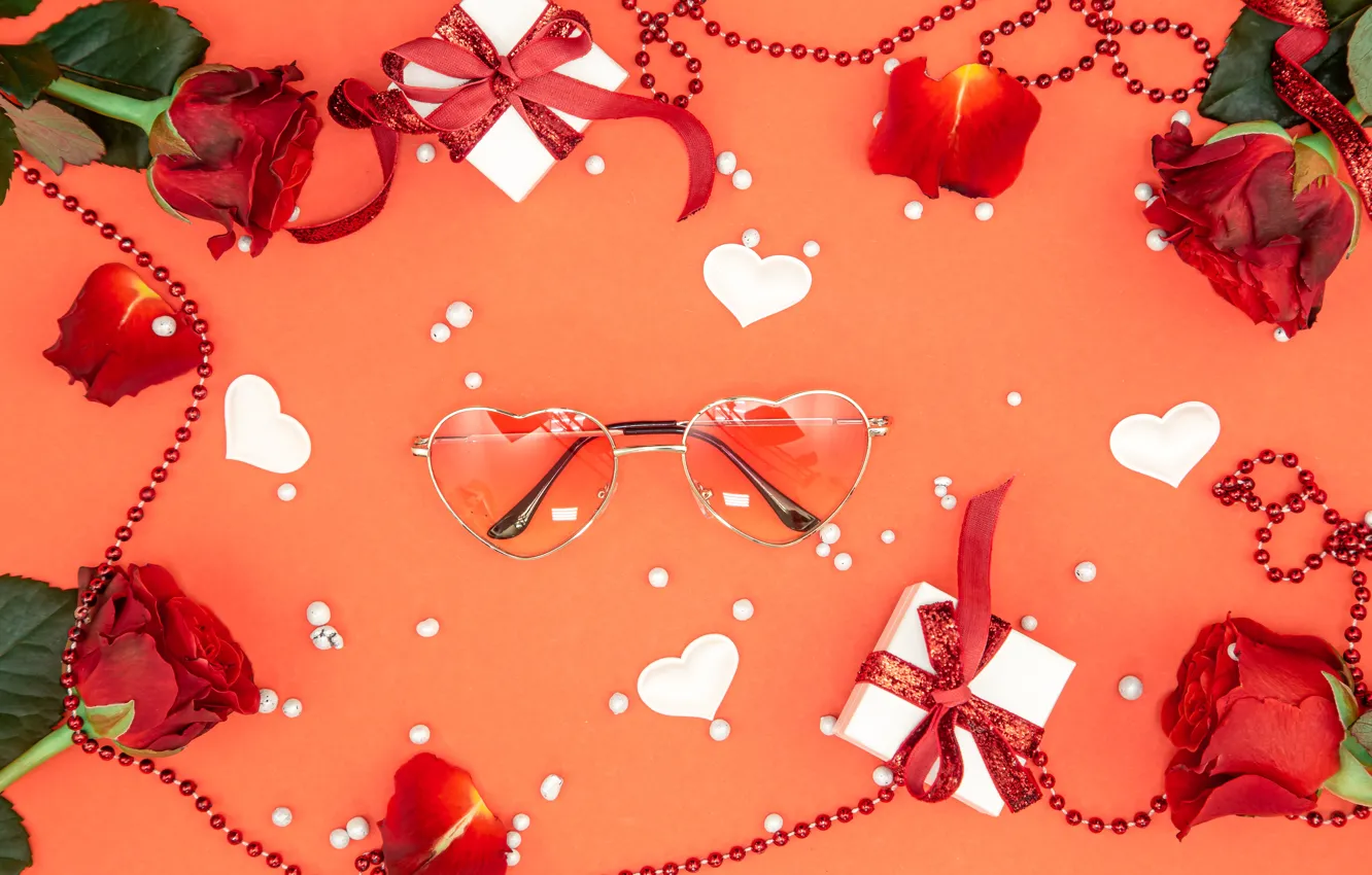 Photo wallpaper balls, love, flowers, red, holiday, gift, heart, roses