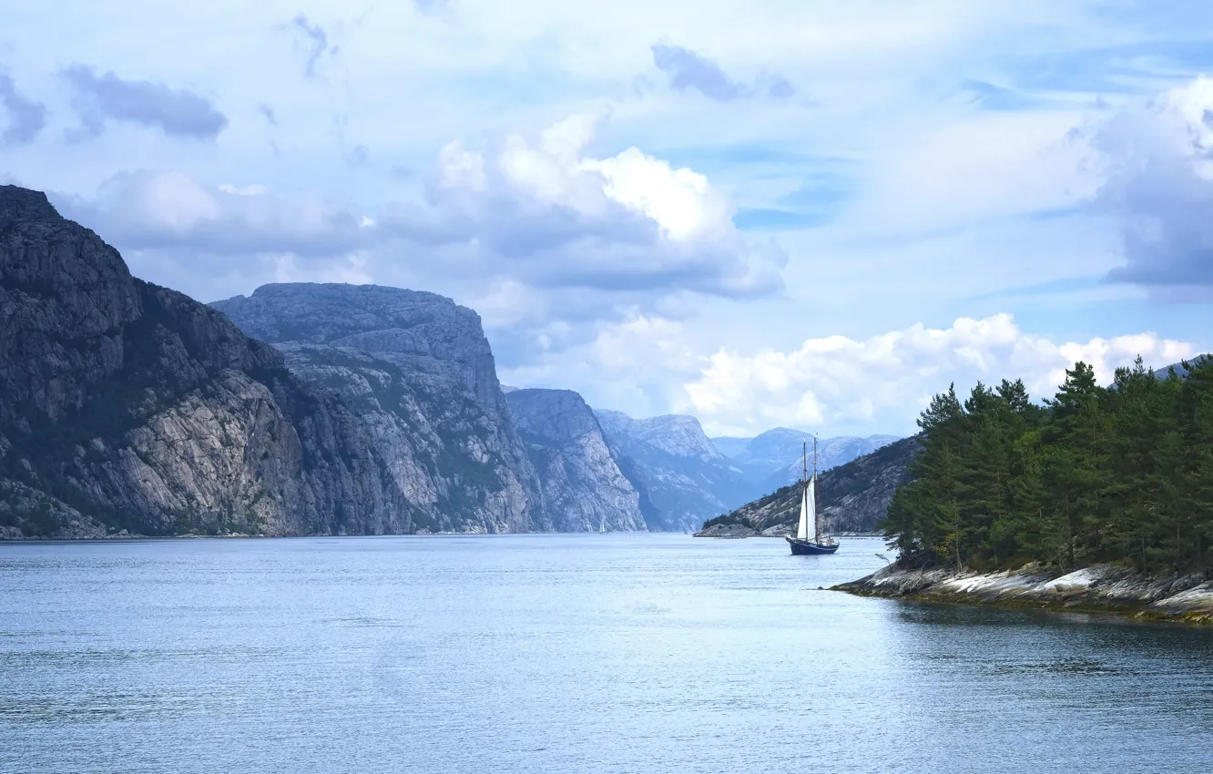Photo wallpaper forest, landscape, mountains, nature, lake, shore, boat, sailboat