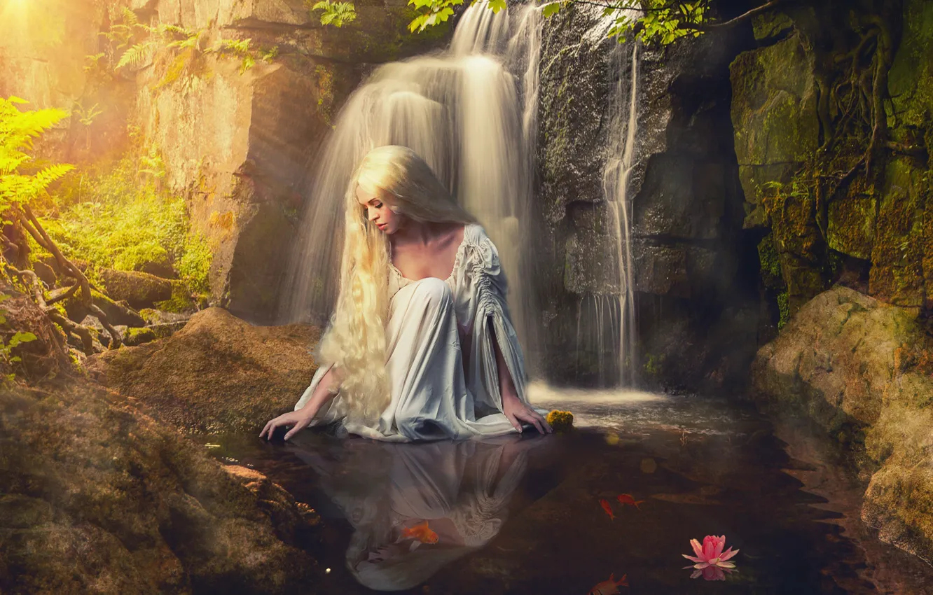 Photo wallpaper water, girl, pose, stones, mood, waterfall, blonde, long hair