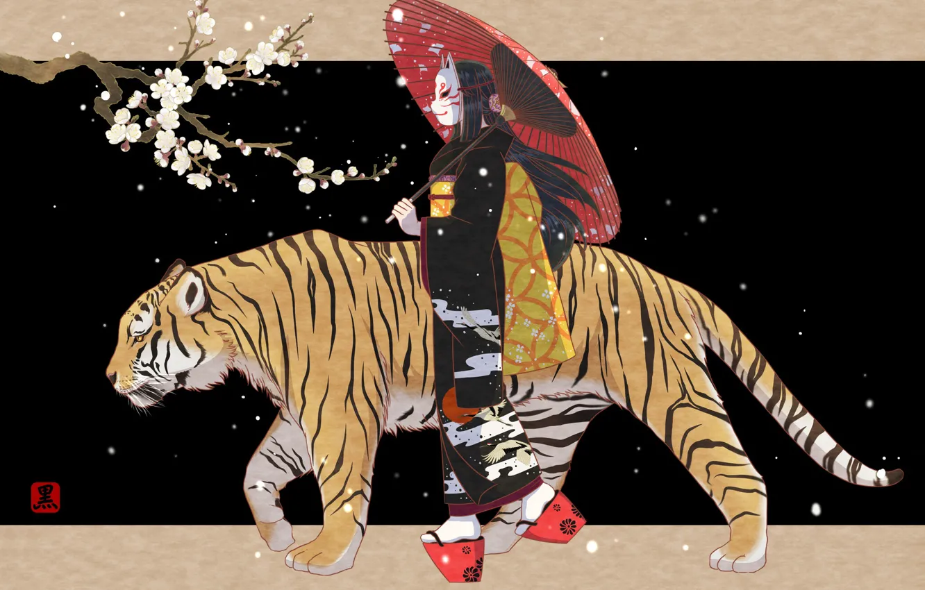 Photo wallpaper Girl, Tiger, Sakura, Girl, Umbrella, Mask, Art, Art