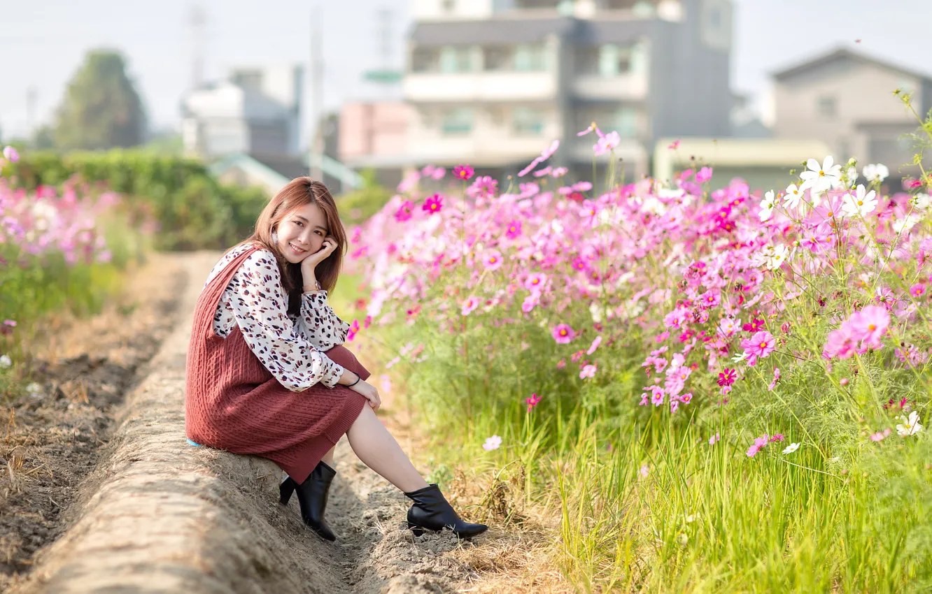 Photo wallpaper girl, flowers, smile, Asian, bokeh