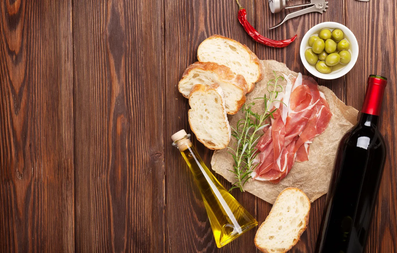 Photo wallpaper olives, bacon, wine, oil, bread