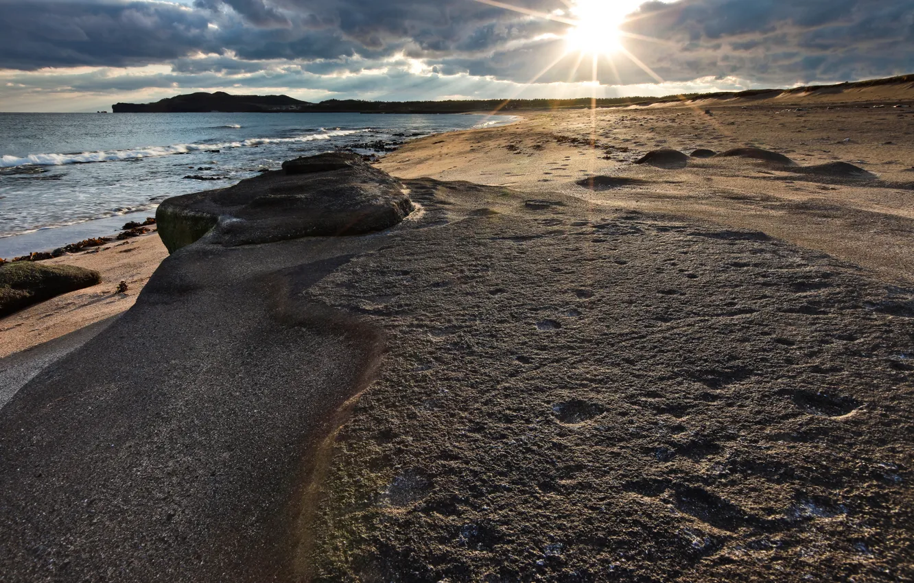 Photo wallpaper sand, sea, wave, the sky, water, the sun, rays, clouds