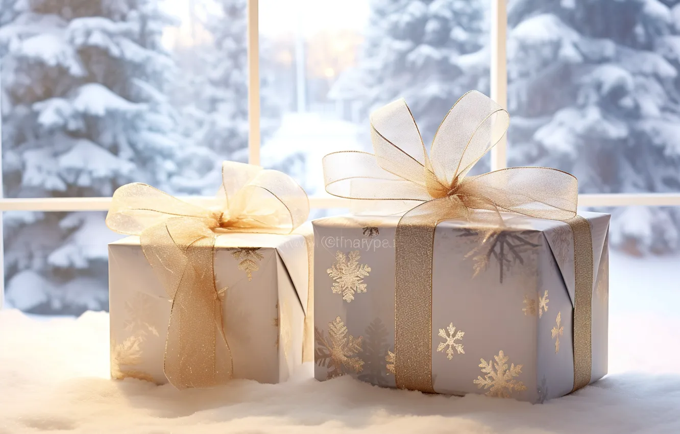 Photo wallpaper winter, snow, decoration, New Year, window, Christmas, gifts, new year