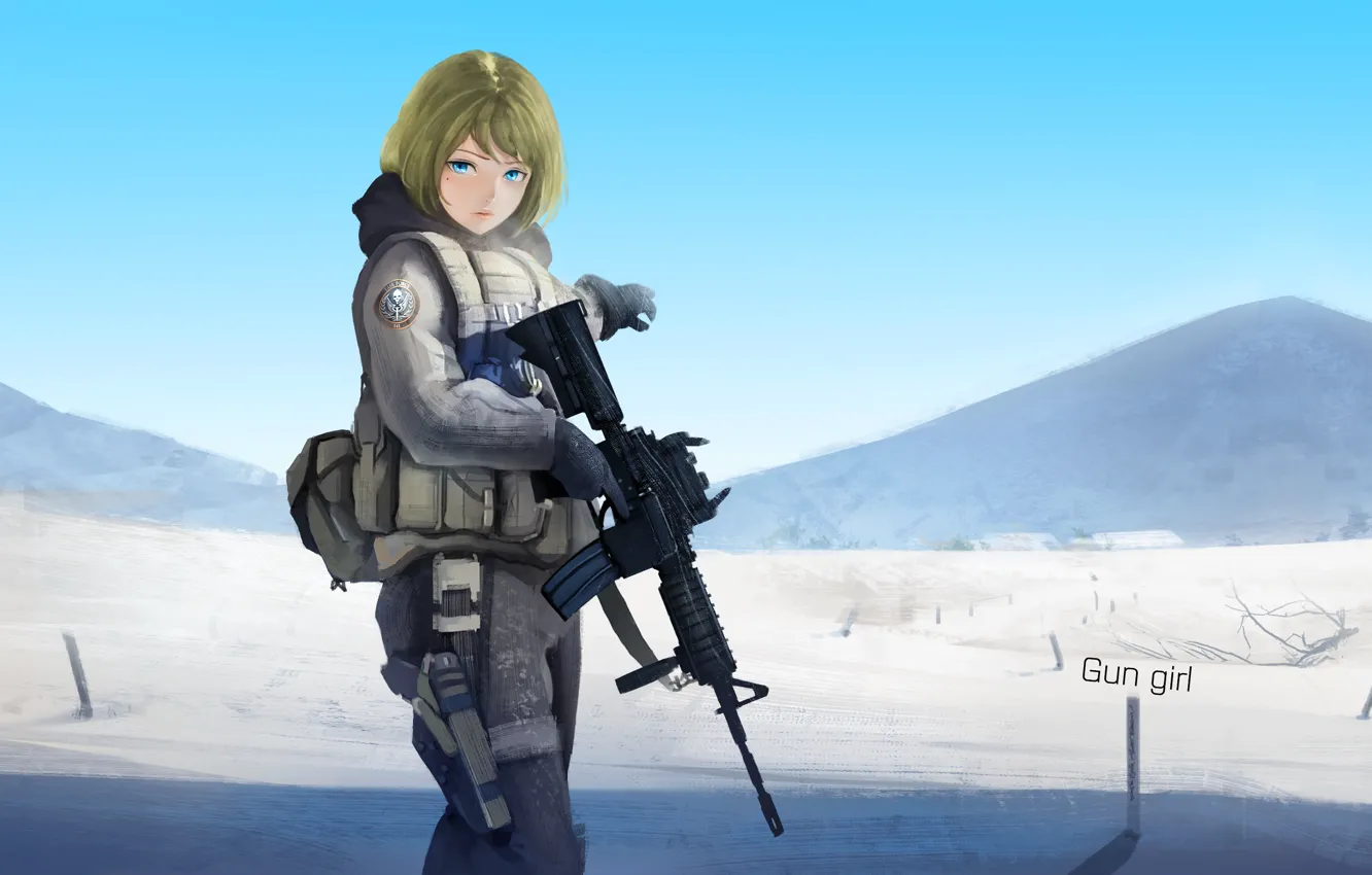 Photo wallpaper girl, mountains, weapons, desert, anime, art, soldiers, pantsu shinshi