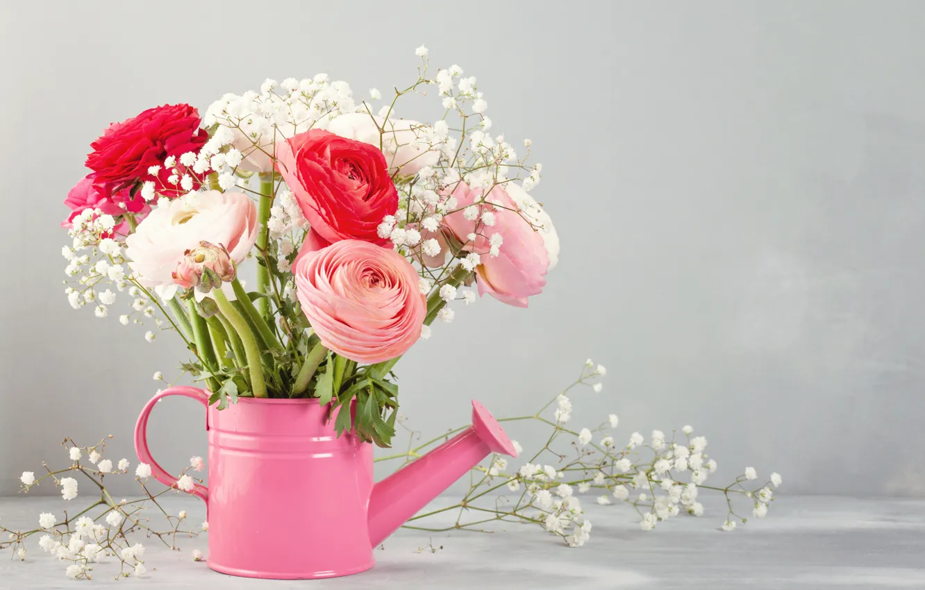 Photo wallpaper bouquet, lake, pink, white, buttercups, Ranunculus, Asian
