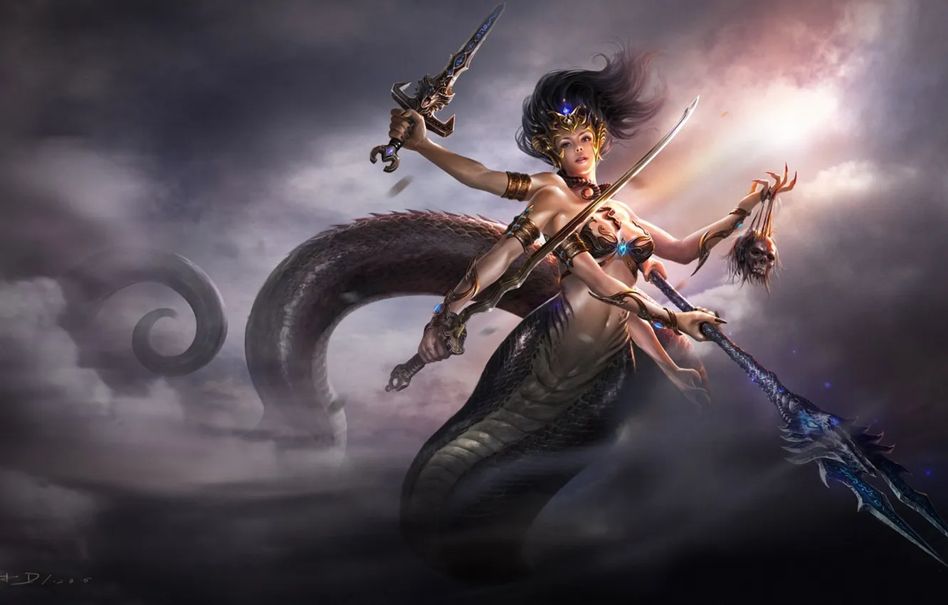 Photo wallpaper the sky, girl, clouds, weapons, snake, sword, head, art