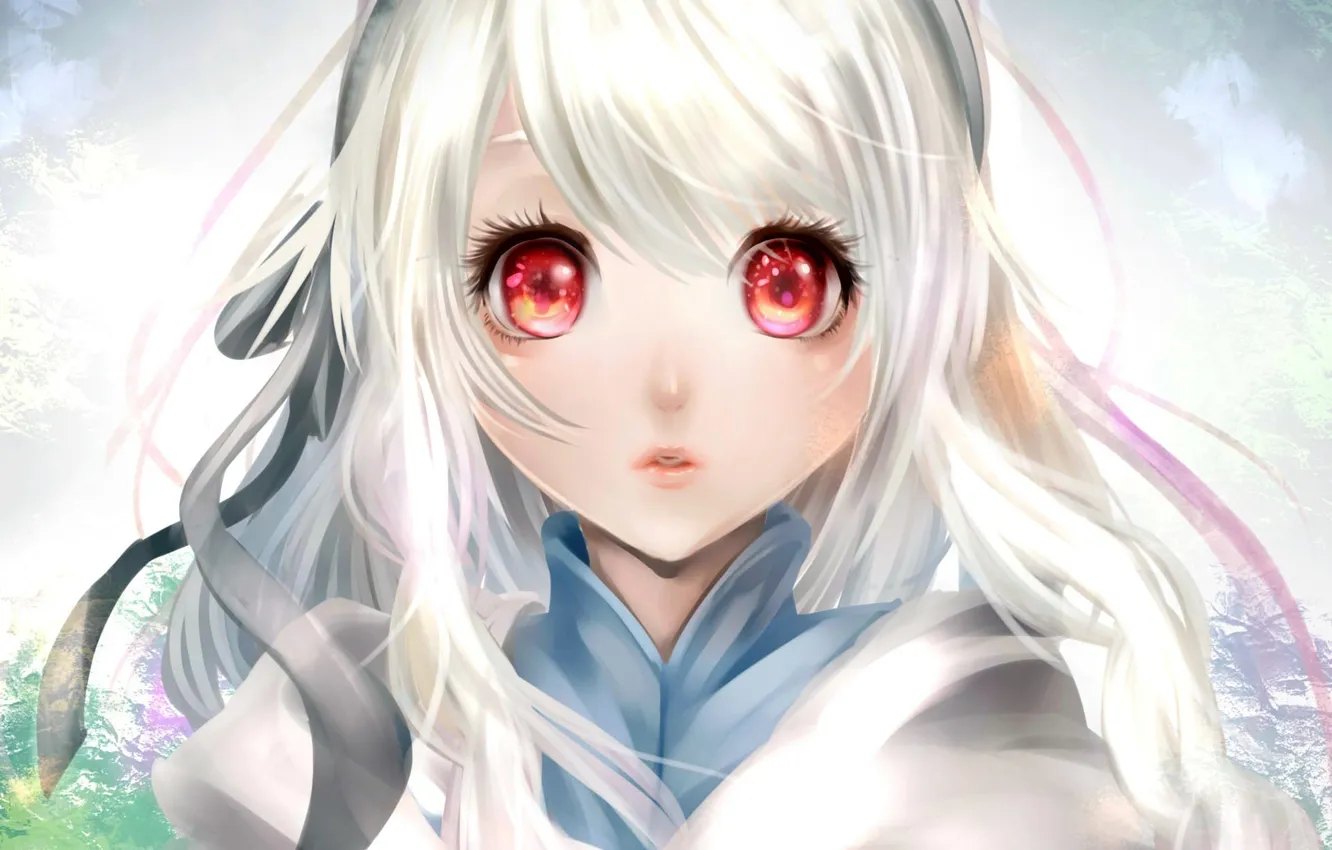 Photo wallpaper girl, face, art, tape, red eyes, white hair, naiyoupai