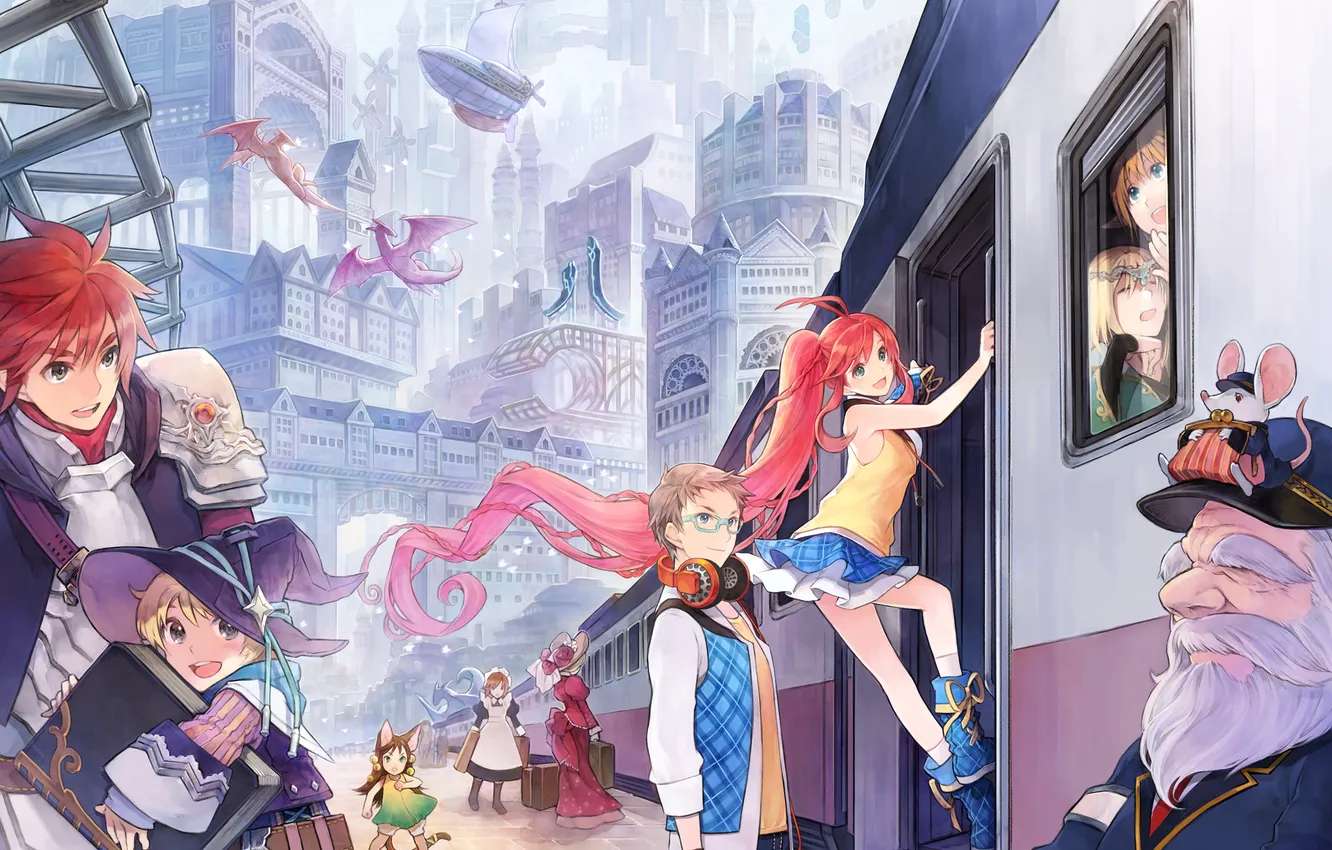 Photo wallpaper the city, metro, dragon, people, train, station, art, the airship