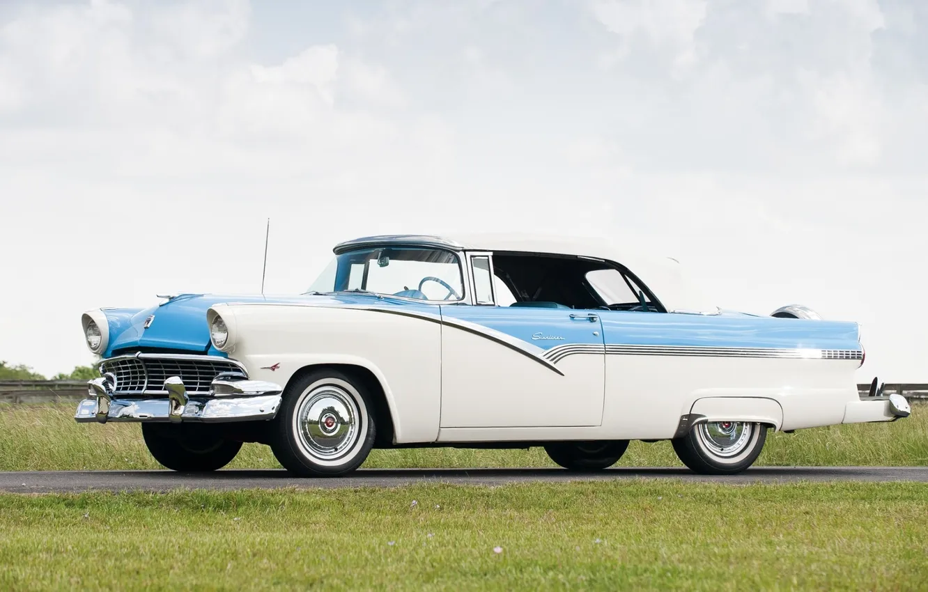 Photo wallpaper road, the sky, grass, Ford, convertible, Ford, classic, the front