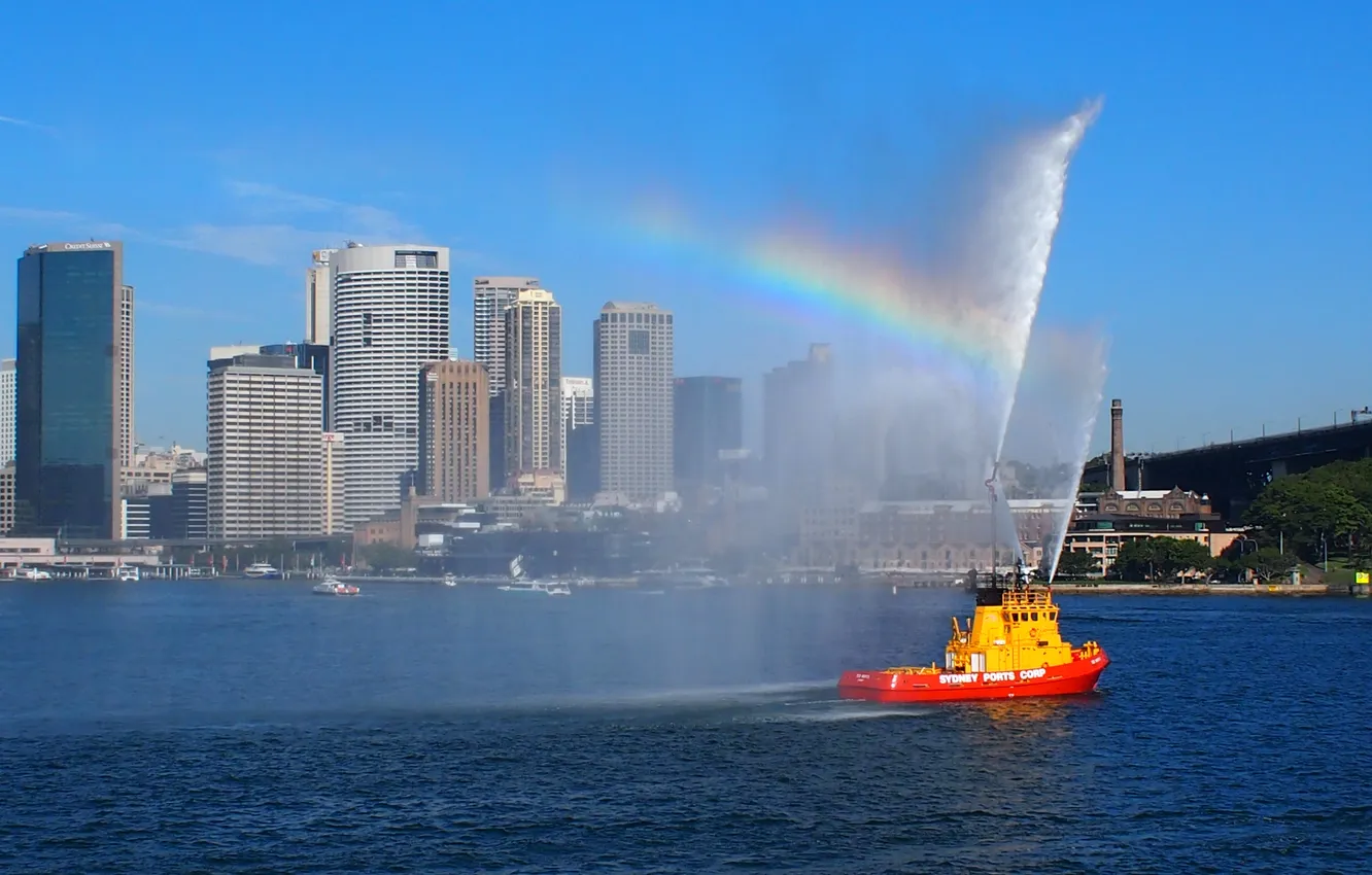 Photo wallpaper squirt, rainbow, tug, greeting, jets of water, Sydney Cove, small ship