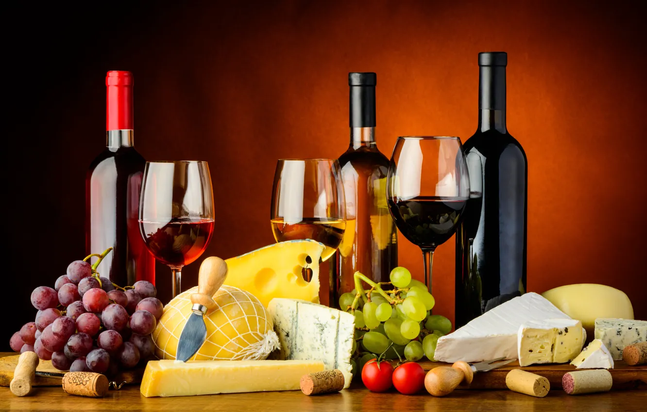Photo wallpaper wine, glasses, grapes, knife, tube, bottle, plug, tomatoes