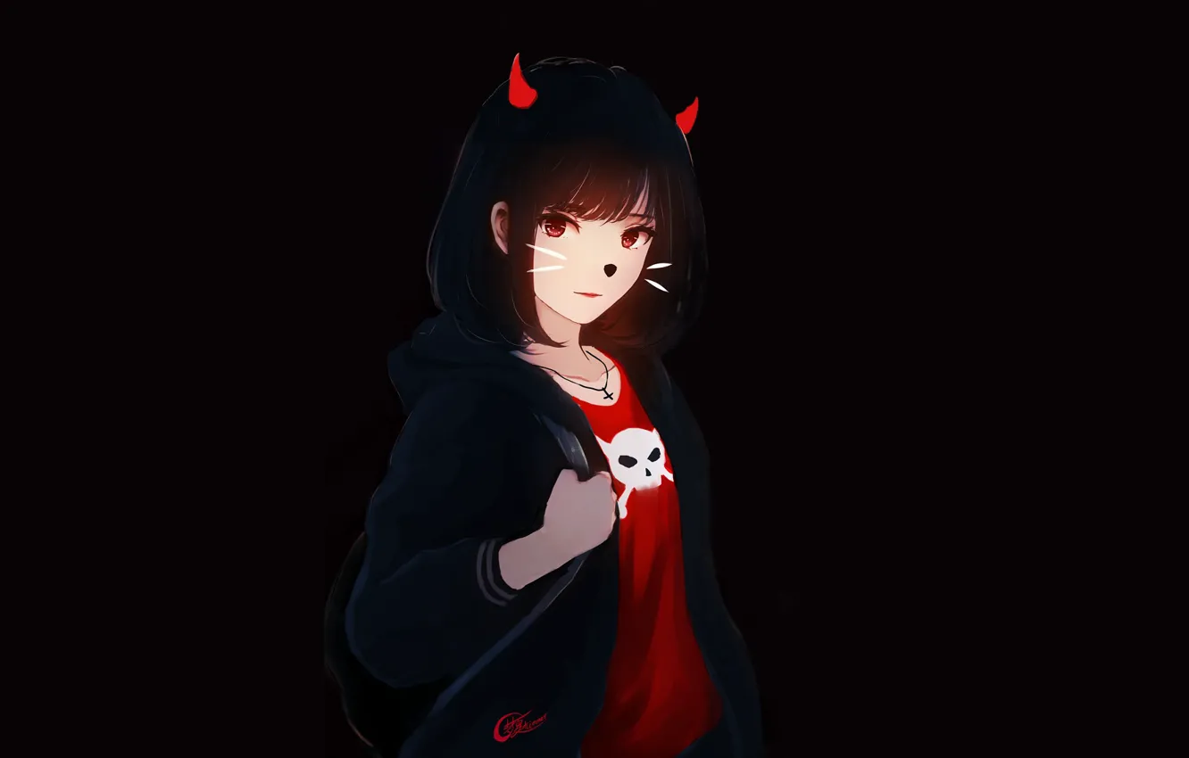 Photo wallpaper girl, black background, glowing horns