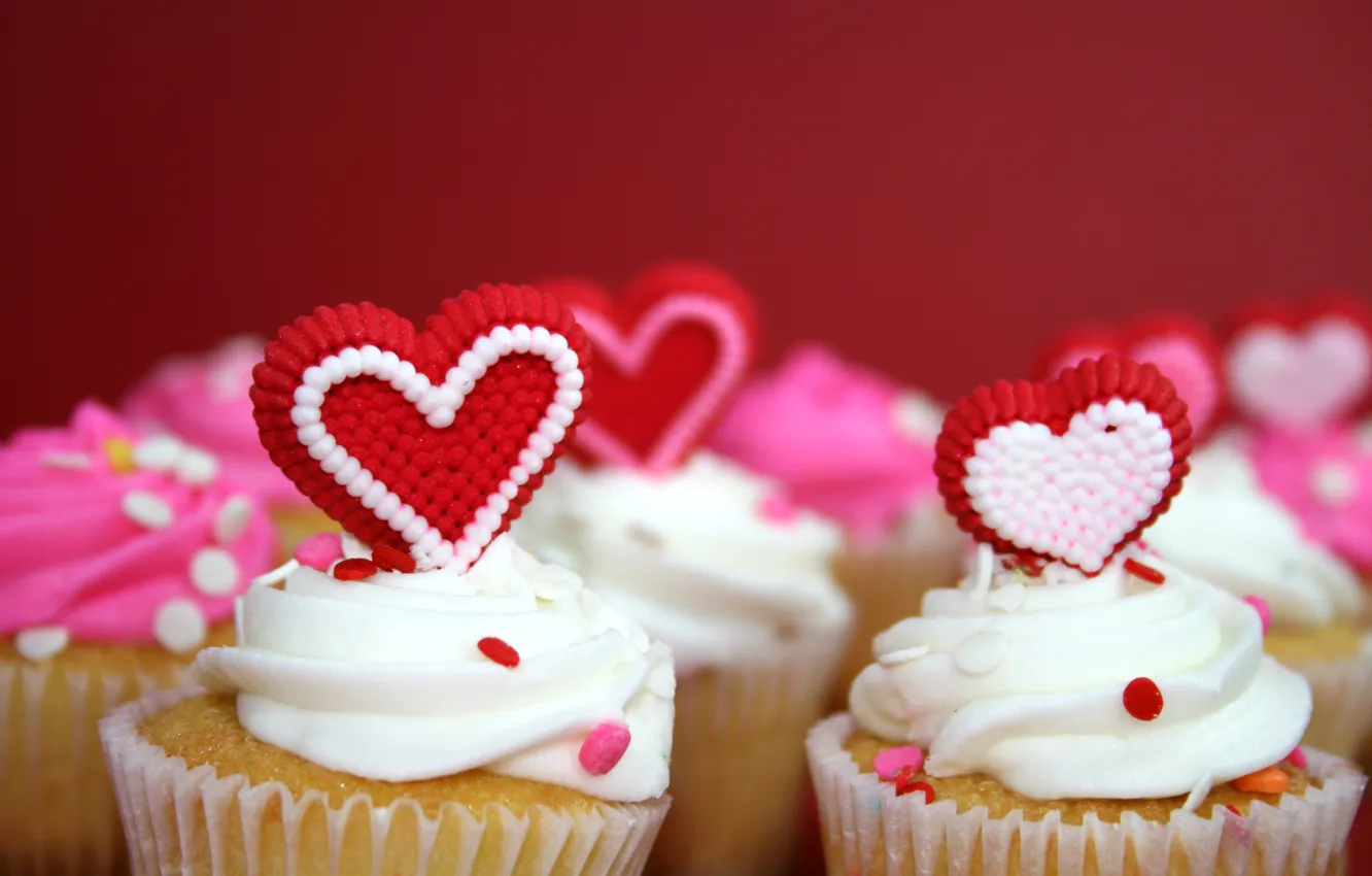 Photo wallpaper background, hearts, sweets, cake, Valentine's day, bokeh, cupcakes