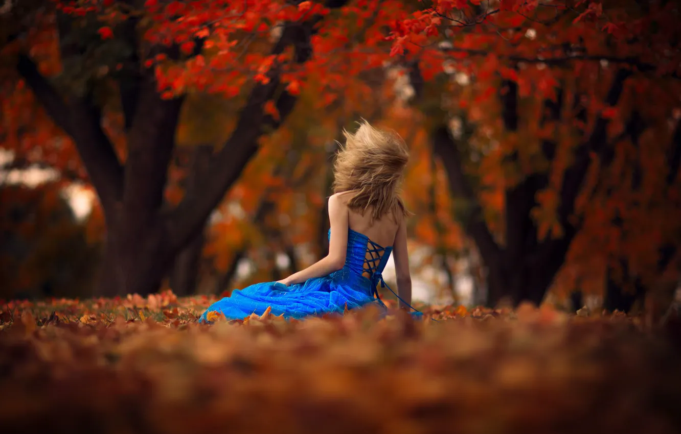 Photo wallpaper autumn, leaves, girl, the wind, dress, bokeh