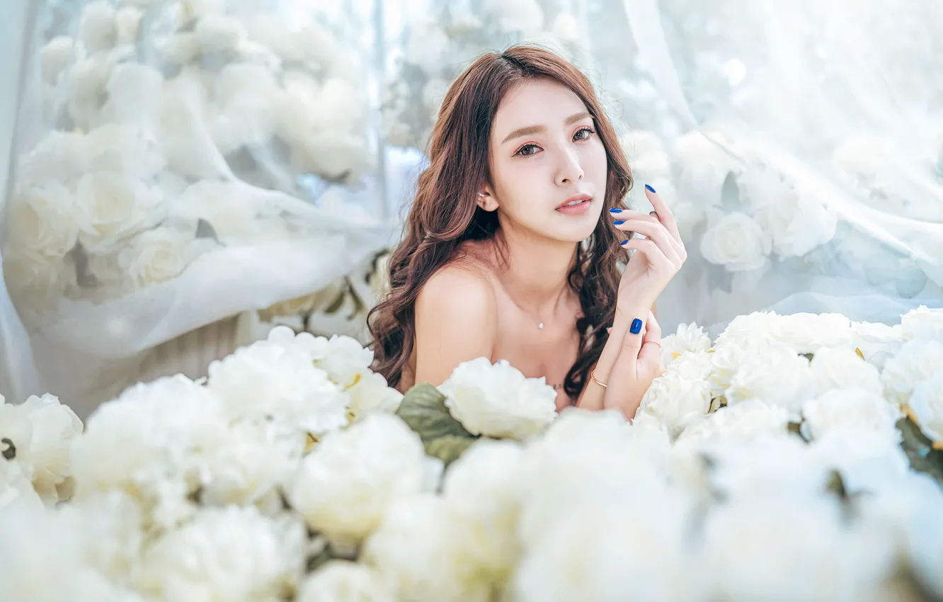 Photo wallpaper girl, flowers, face, roses, Asian, white