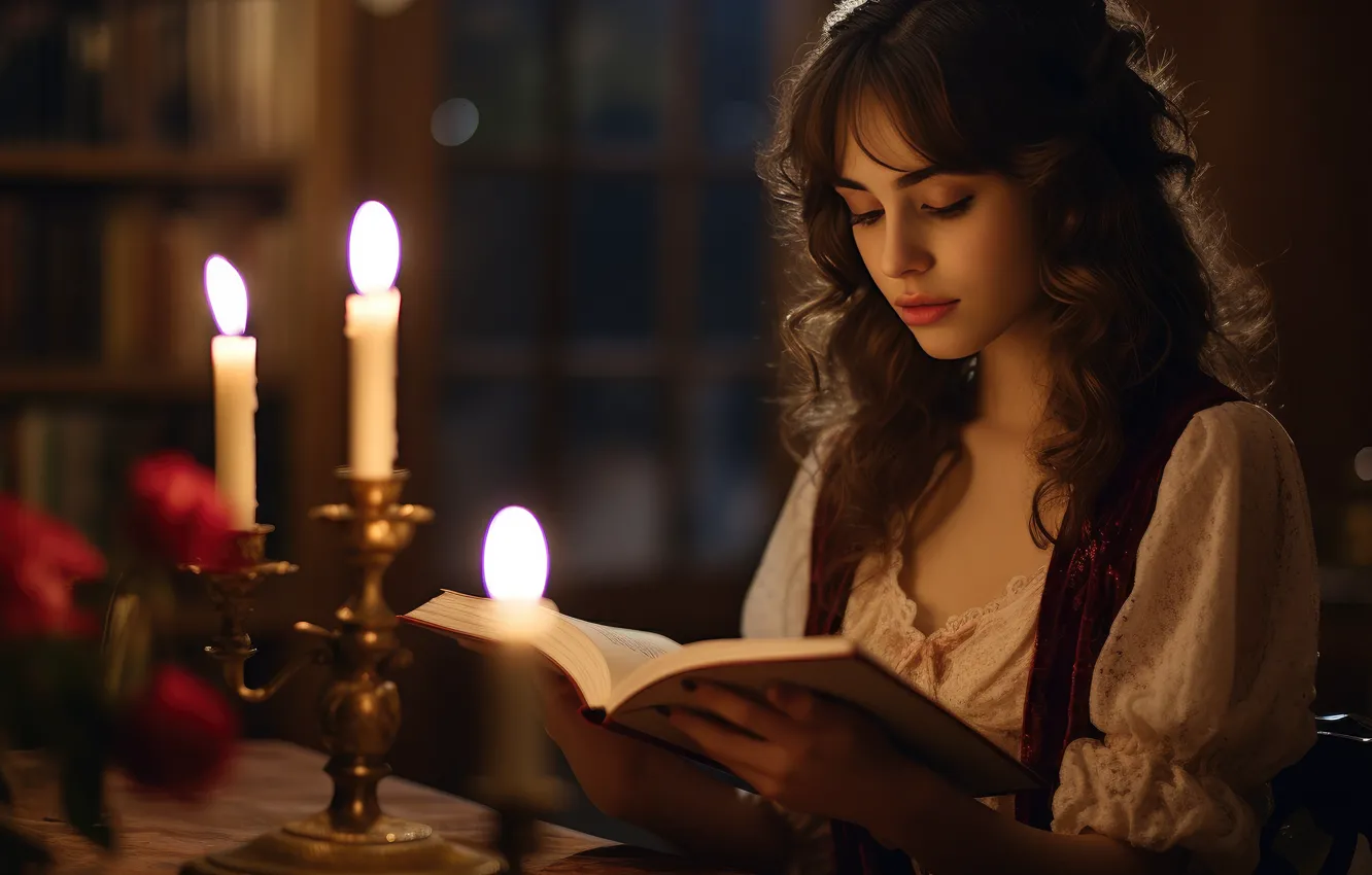 Photo wallpaper girl, light, flowers, night, table, room, portrait, the evening