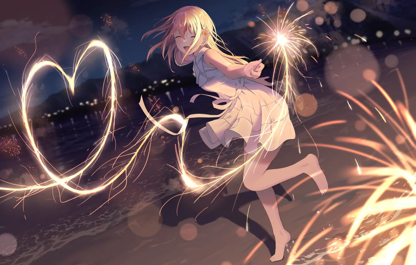 Photo wallpaper sea, girl, night, bokeh, laughs, Sparkler