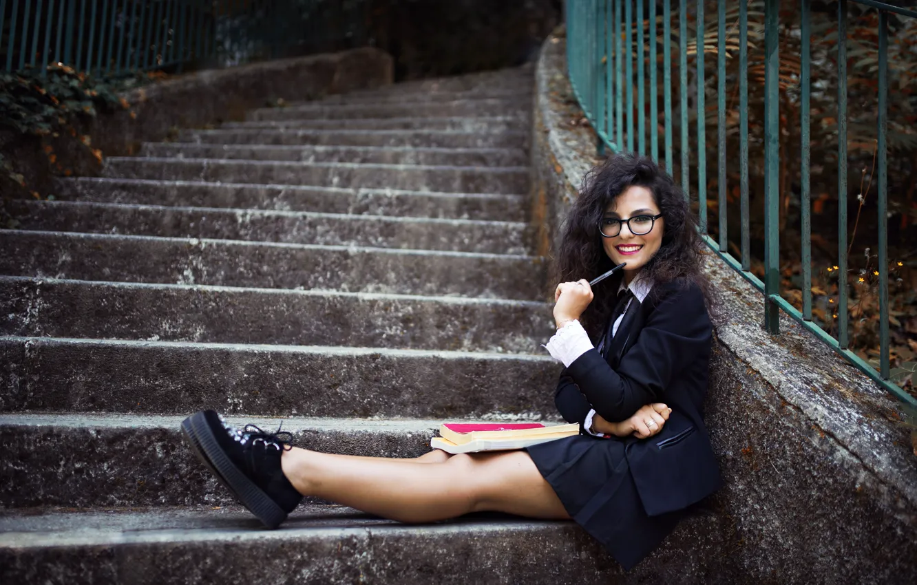 Photo wallpaper look, girl, nature, pose, smile, feet, black, skirt