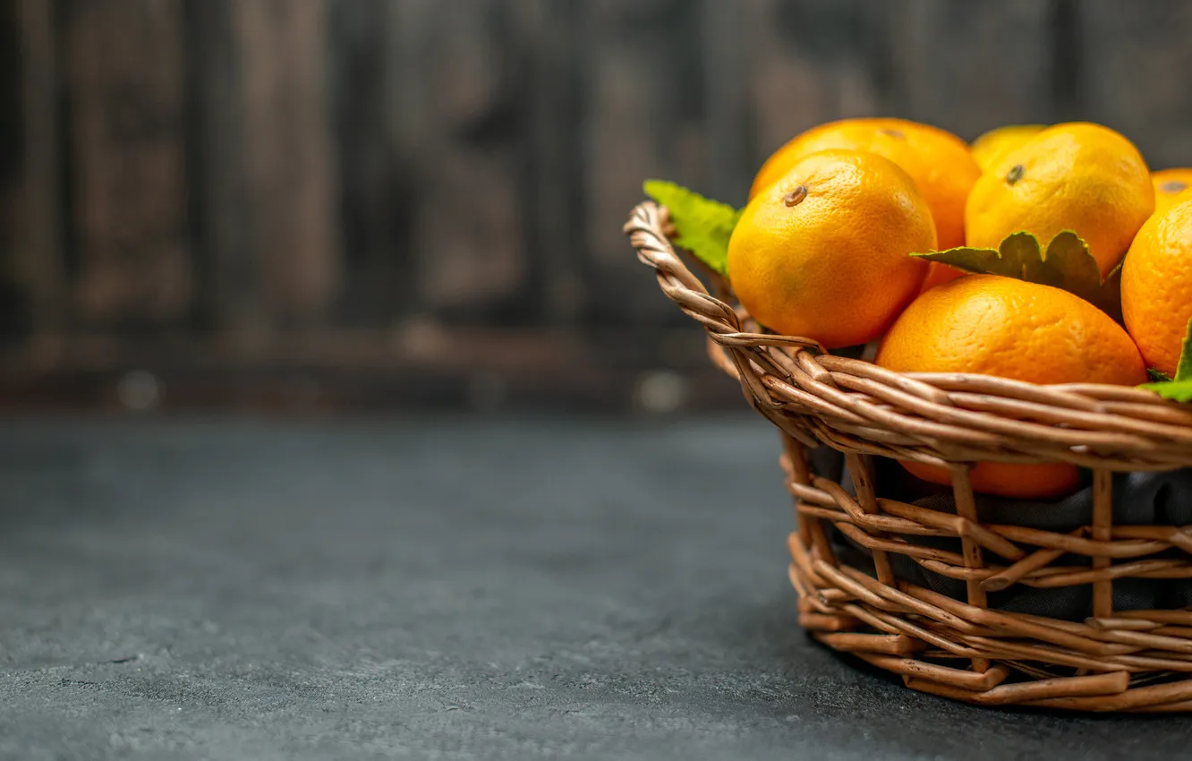 Photo wallpaper table, fruit, grey background, basket, bokeh, composition, tangerines