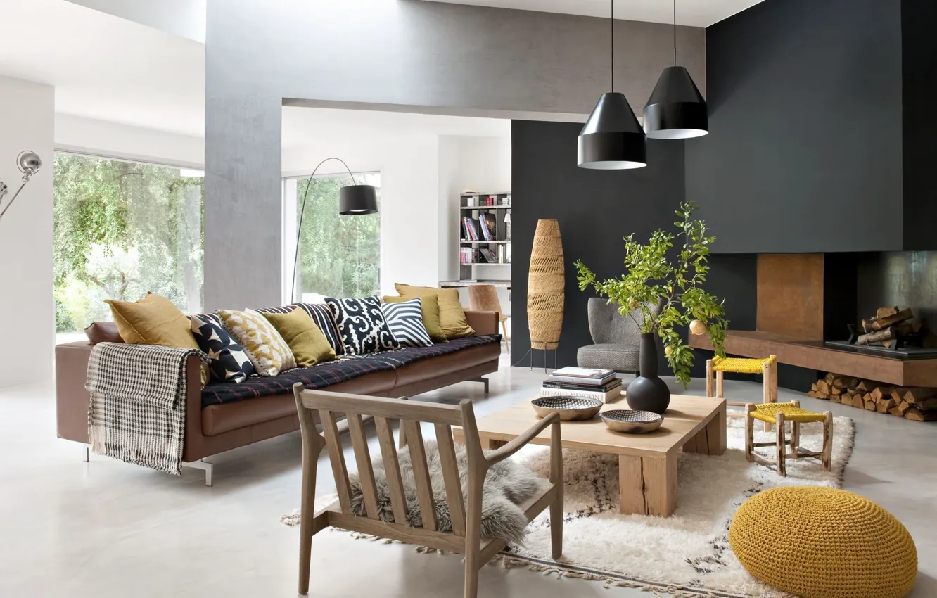 Photo wallpaper interior, fireplace, sofa, retro style, living room, Home from the '80s, by Ml-h design