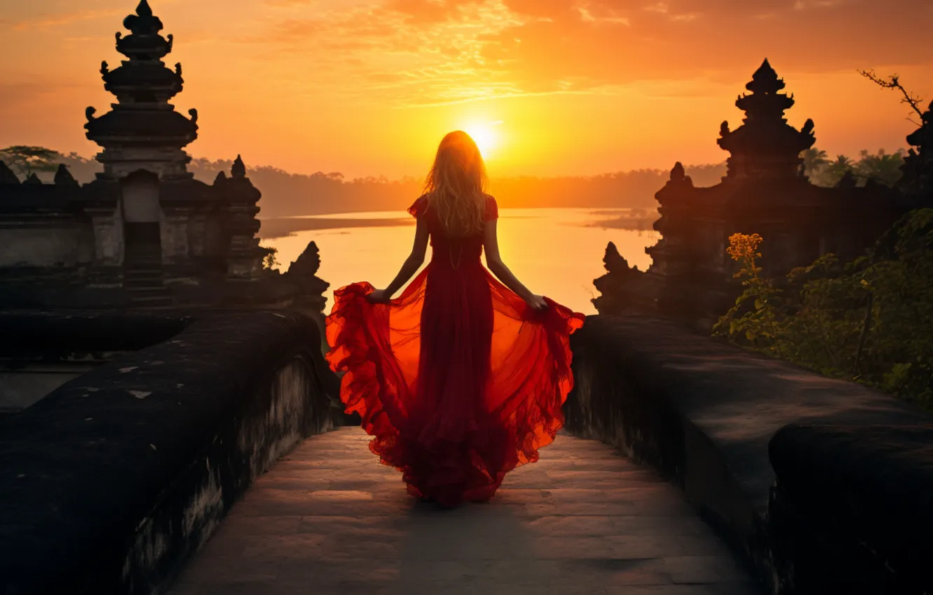 Photo wallpaper girl, sunset, nature, AI art, neural network