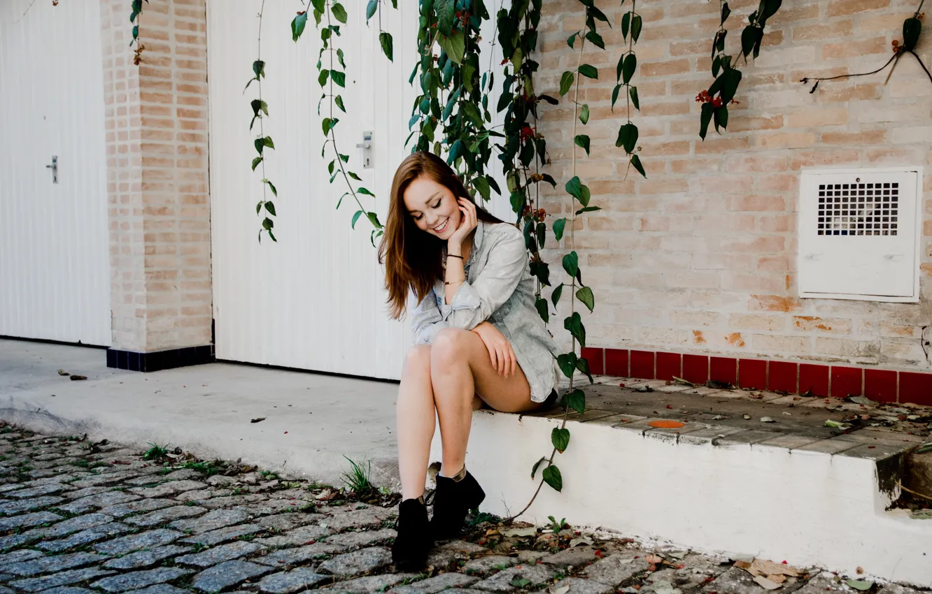 Photo wallpaper girl, pose, smile, makeup, hairstyle, shoes, shirt, brown hair