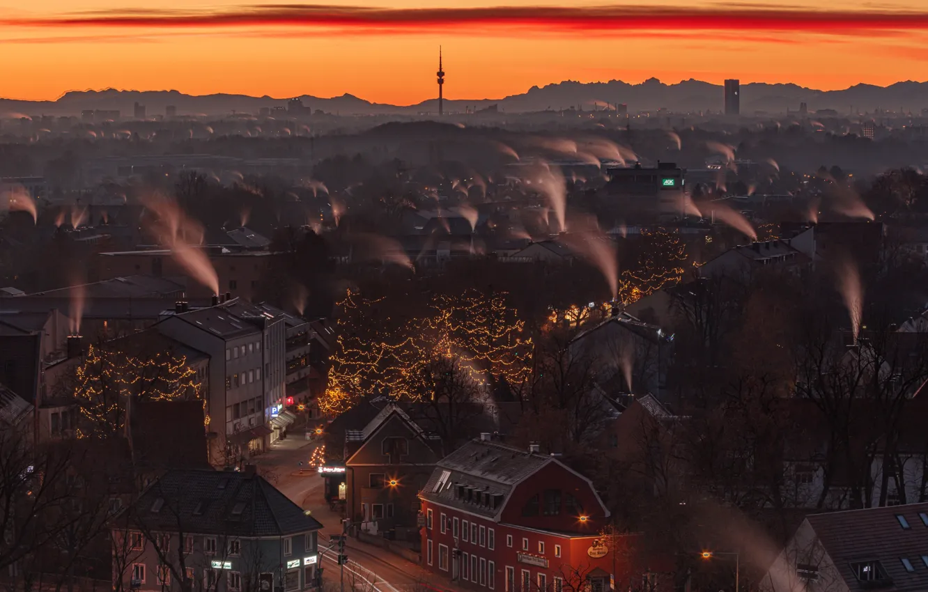 Photo wallpaper longexposure, In the morning at sunrise, Munich, panorama