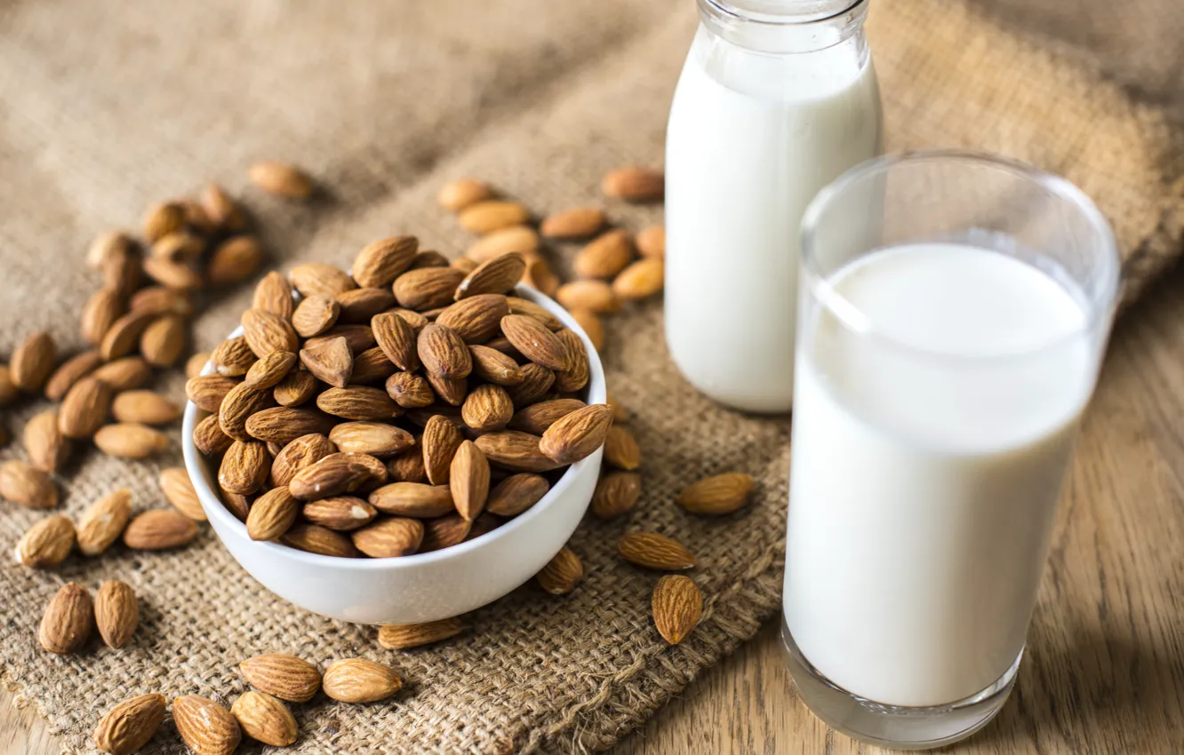 Photo wallpaper milk, nuts, almonds