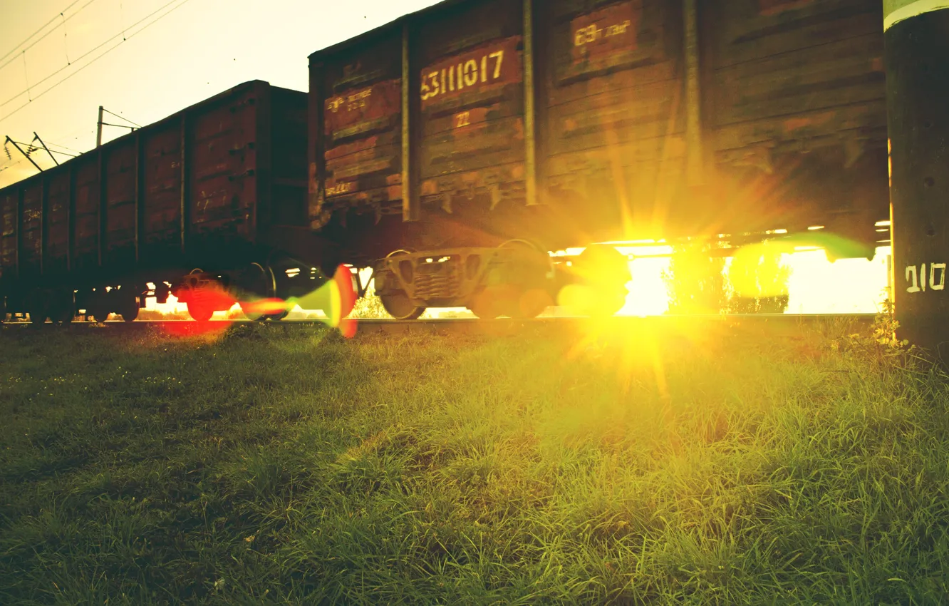 Photo wallpaper grass, the sun, rays, train, cars