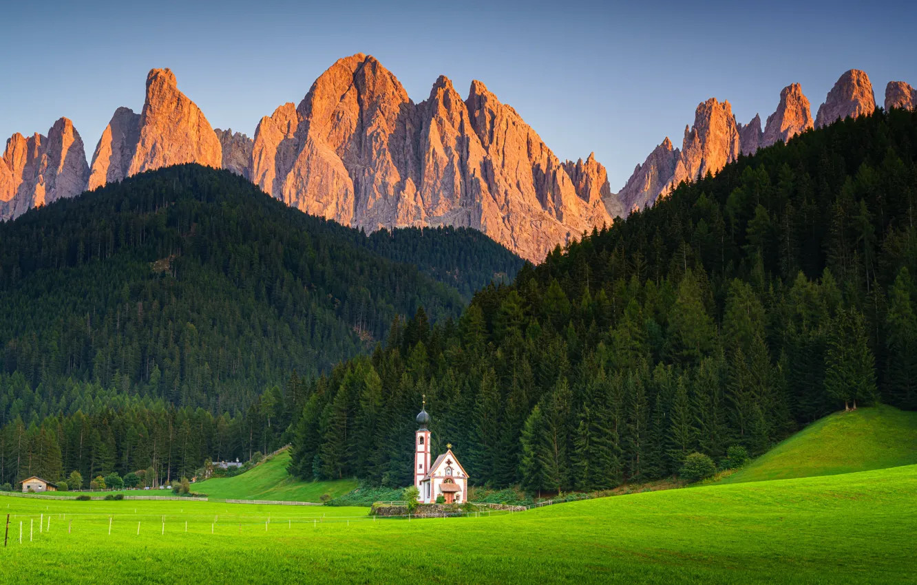 Photo wallpaper field, mountains, temple