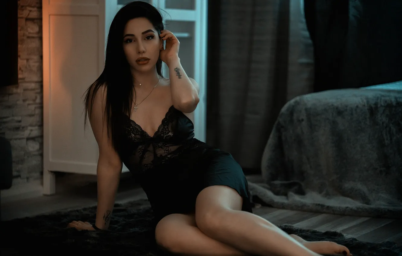 Photo wallpaper chest, look, girl, model, linen, brunette, legs, nightie