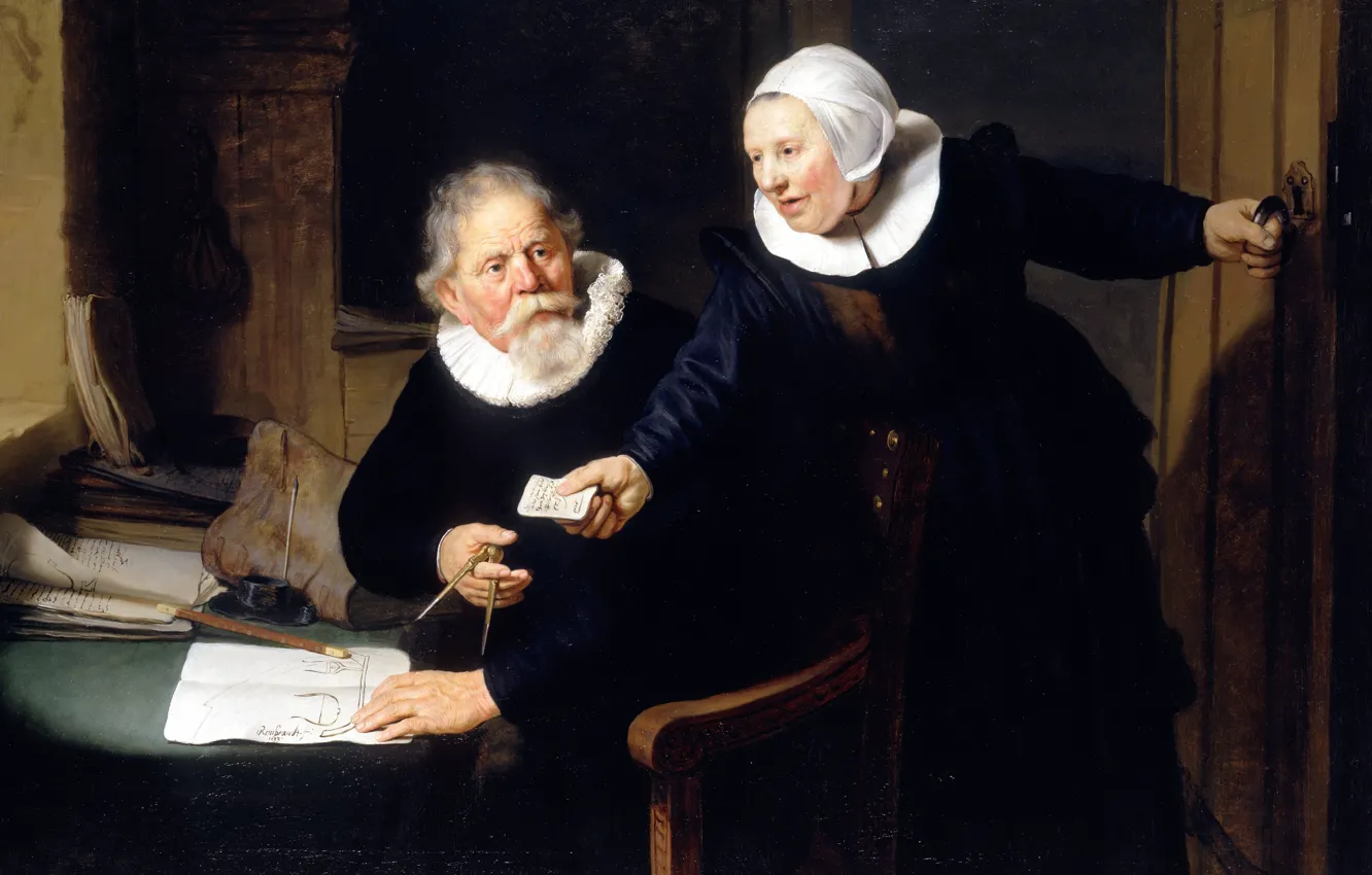 Photo wallpaper portrait, picture, genre, Rembrandt van Rijn, Portrait of the Shipbuilder Jan Rijksen with his Wife