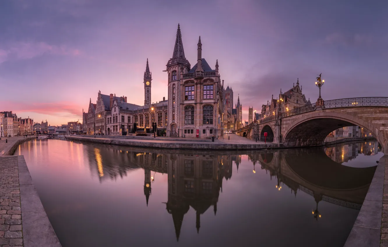 Photo wallpaper bridge, reflection, river, building, home, Belgium, architecture, promenade