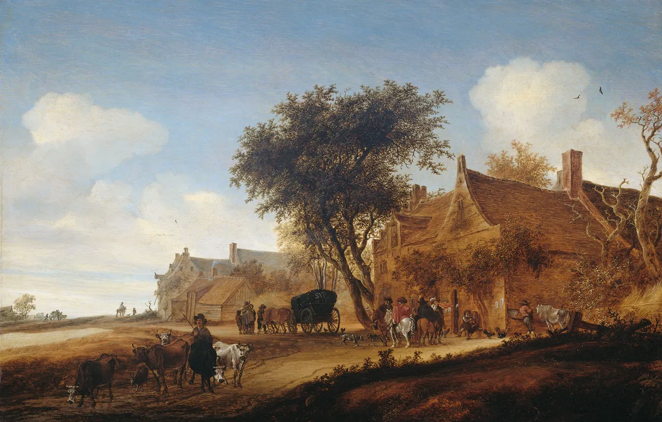 Photo wallpaper landscape, tree, oil, picture, Rustic Wagon, Solomon van Ruisdael