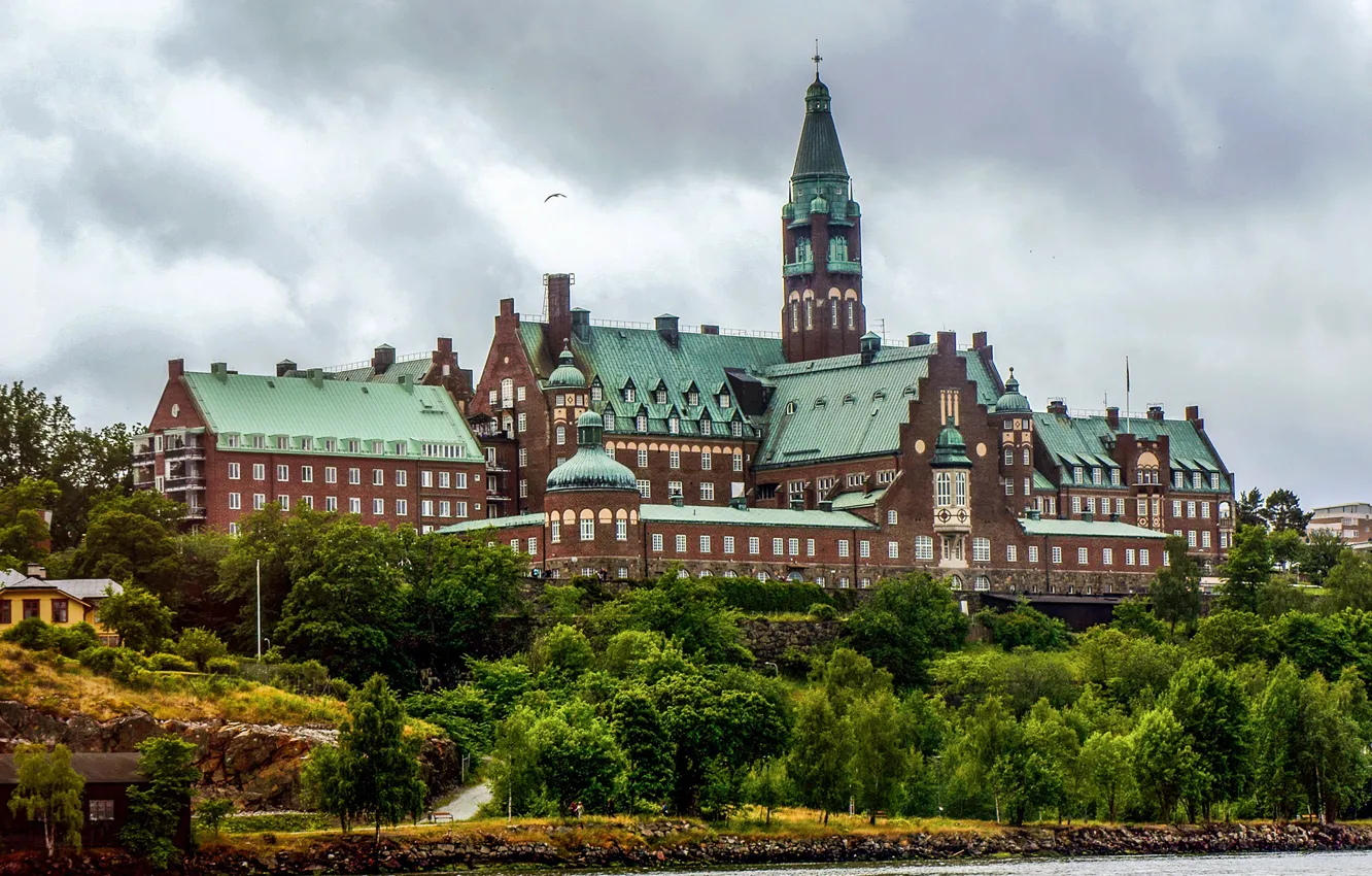 Photo wallpaper trees, river, shore, Stockholm, Sweden, Palace