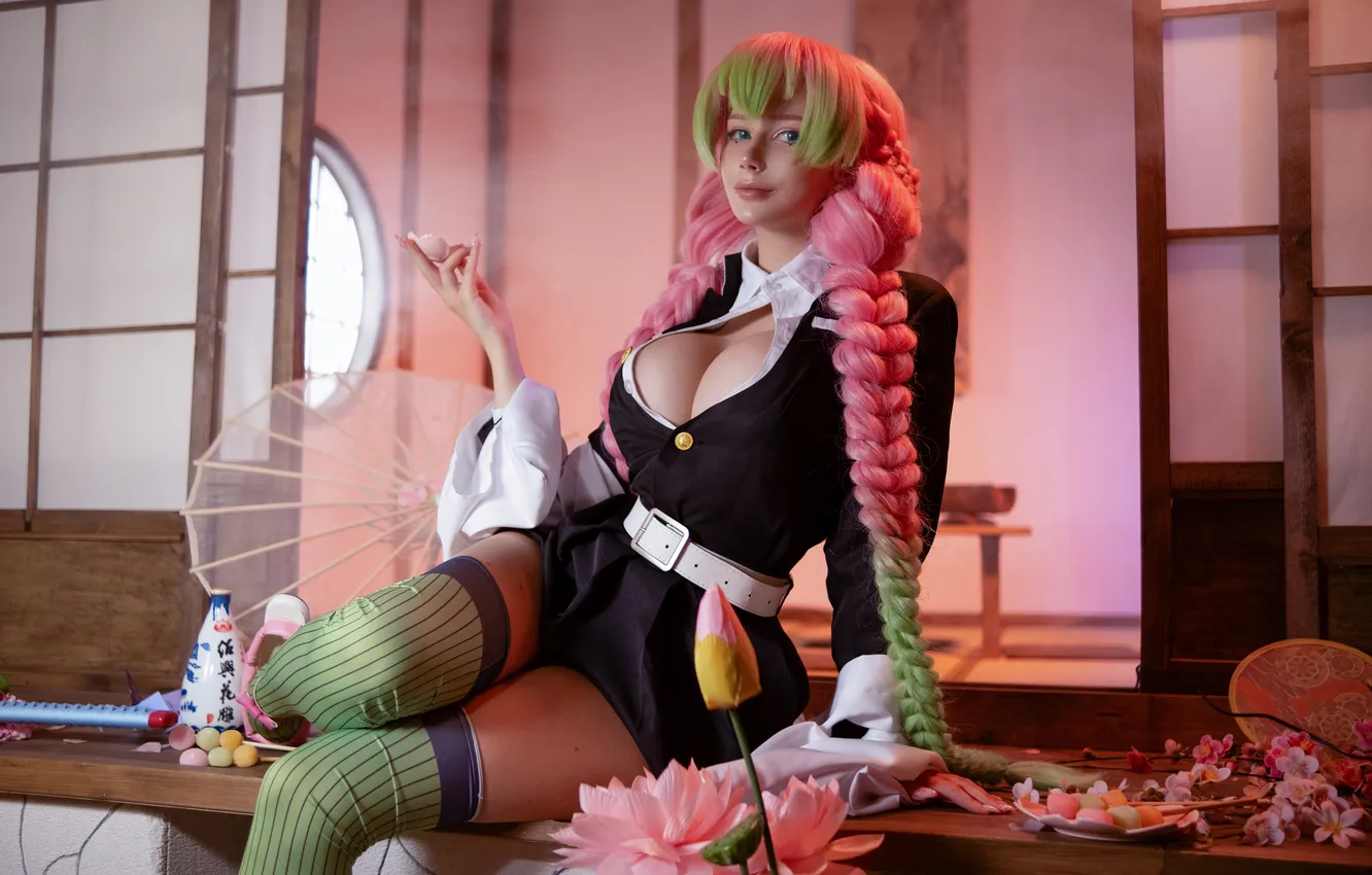 Photo wallpaper anime, model, women, cosplay, anime girls, Kimetsu no Yaiba, Mitsuri Kanroji, Vera Andreeva