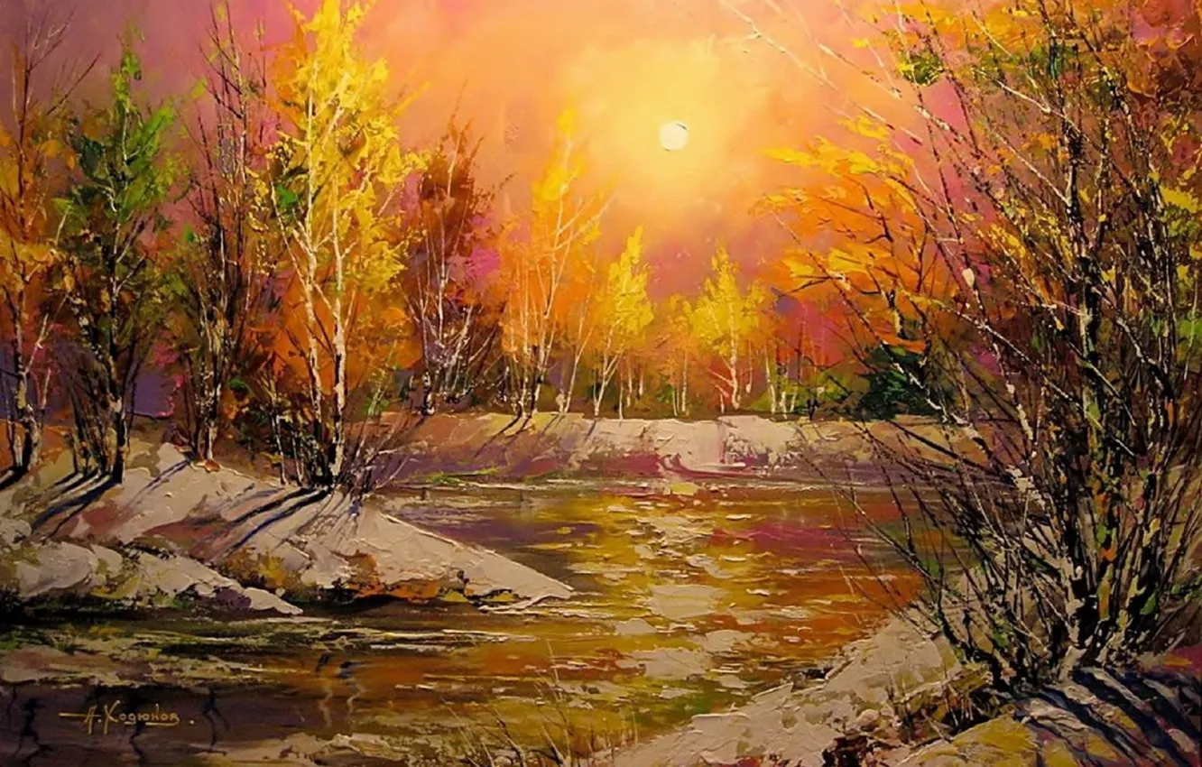 Photo wallpaper landscape, river, picture, spring, the evening, morning, painting, impressionism