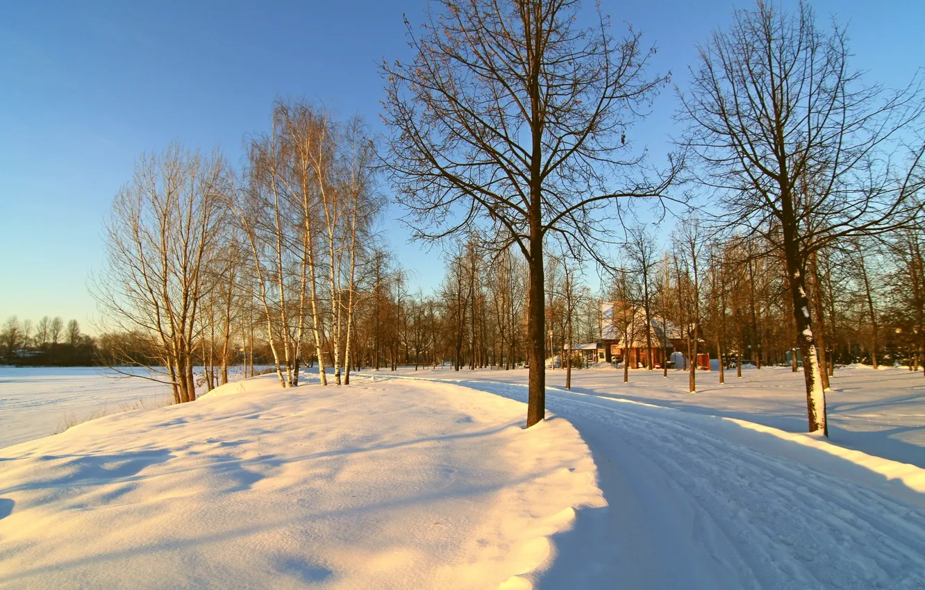 Photo wallpaper winter, road, the sky, snow, trees, morning, house